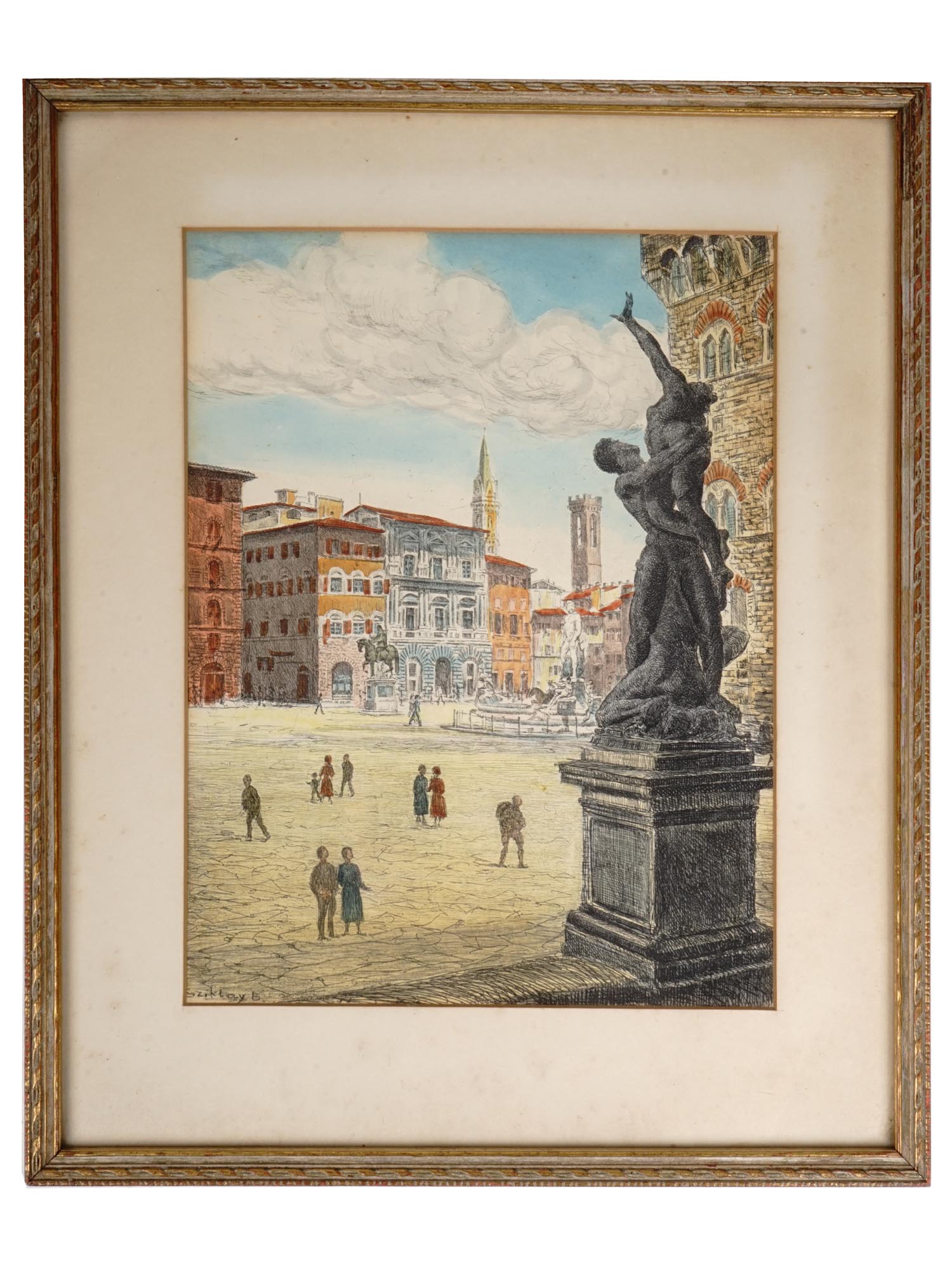 BELA SZIKLAY HAND COLORED ETCHING PRINT FLORENCE PIC-0